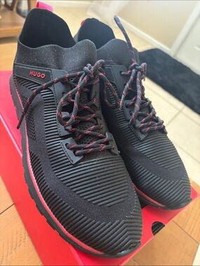HUGO Black Knit Sneakers with Pink Accents